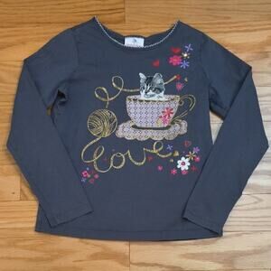 Hanna Andersson Gray Long Sleeve w/ Cat & Teacup Design Size 8 GU